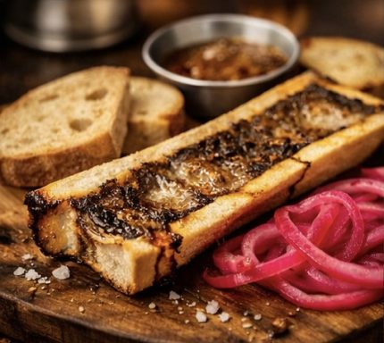 Os de moelle grillés, tranches de pain, oignons rouges marinés et sauce.