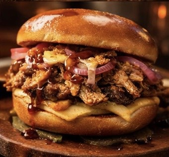 Burger garni de viande effilochée, oignons rouges et sauce barbecue, servi sur un pain brioché.